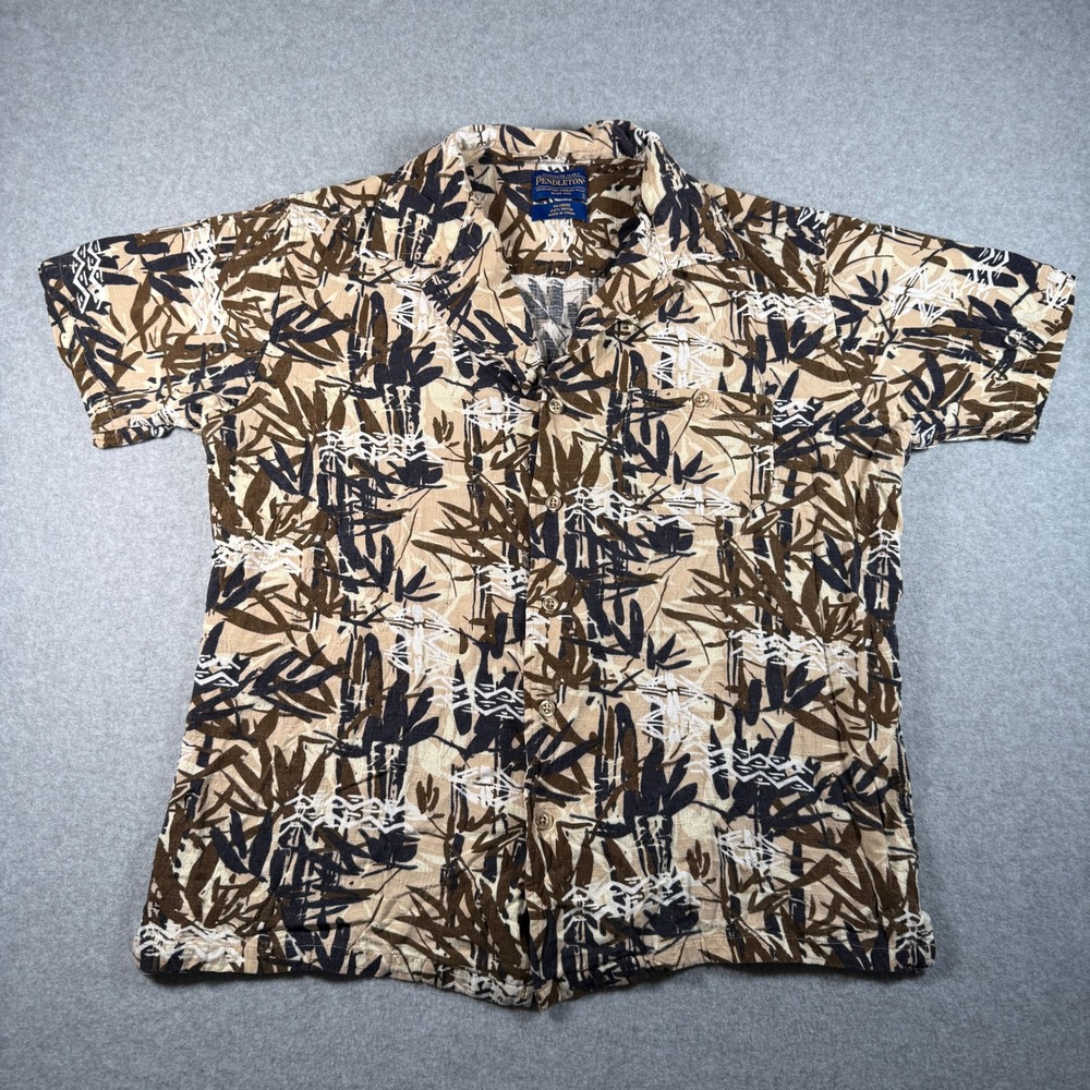 Pendleton Hawaiian Shirt Men's Size Large Beige Brown Bamboo Print 100% Rayon